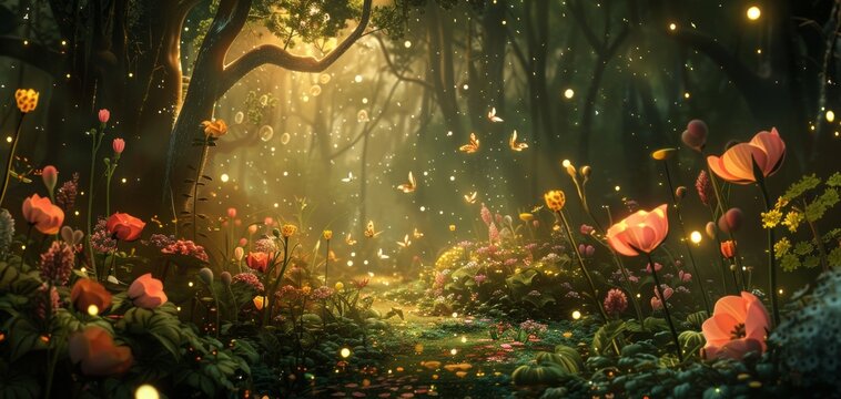 Create a captivating Bio-Luminescent Garden scene with glowing flowers and plants in a magical forest setting, with fireflies twinkling overhead