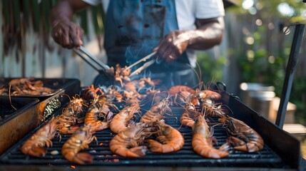 someone Grilled shrimp on stove. seafood of Thailand.