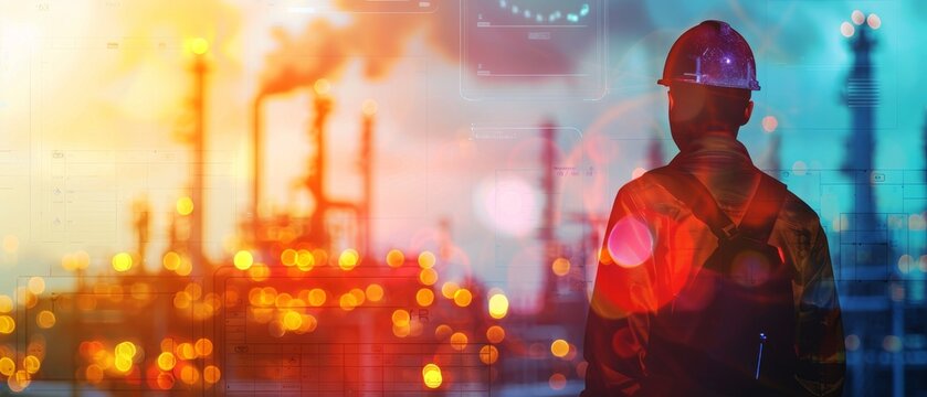 Preventive maintenance in industrial plants close up, focus on, copy space, vibrant colors, Double exposure silhouette with checklists