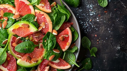 Top view of a refreshing avocado salad with grapefruit segments, spinach leaves, toasted almonds, and a honey mustard dressing