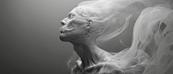 Sculpt an ethereal figure emerging from swirling mist, emanating feelings of tranquility, using digital 3D techniques