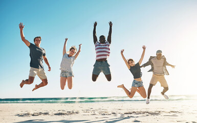 Beach, diversity and group of friends jumping in sky for summer holiday with happiness, youth and...