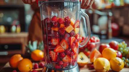A closeup of the blender filled with mixed fruits, including strawberries and oranges, as it is being used to make fresh juice in an elegant kitchen setting.