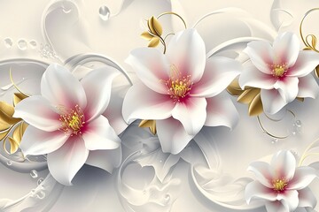 3d floral background with white and pink flowers, golden swirls and gold leaves on light blue background 