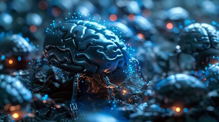 Obraz premium Create a swarm of nanobots navigating a human brain, showcasing intricate metallic details and glowing blue circuitry