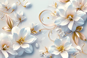 Obraz premium 3d wallpaper with white and pink flowers, golden swirls and leaves on light blue background. Elegant floral frame for wall art design, mural 