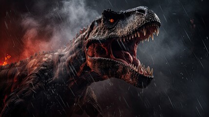 Large Dinosaur Roaring in Rainstorm