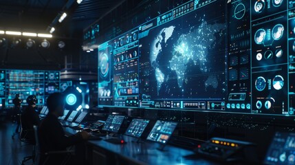 A large network operations center is manned by both humans and AI systems providing comprehensive protection against threats.