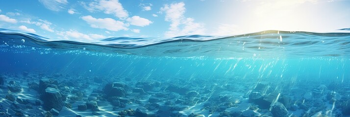 Fototapeta premium Underwater view of the ocean and blue sky, summer day, border of sea and sky