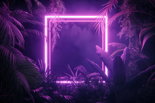 Neon purple square Frame on Palm
