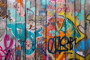 Obraz premium Graffiti boards on a wooden background bright graffiti art colorful tags displayed