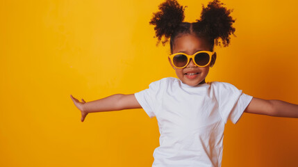 Adorable young girl with big sunglasses striking a confident pose on a yellow backdrop.