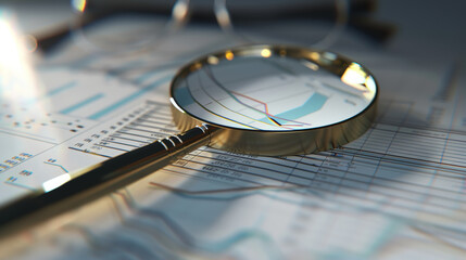 A magnifying glass on financial charts symbolizing detailed financial analysis.
