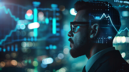 Bearded man against a high-tech background with digital financial graphics.