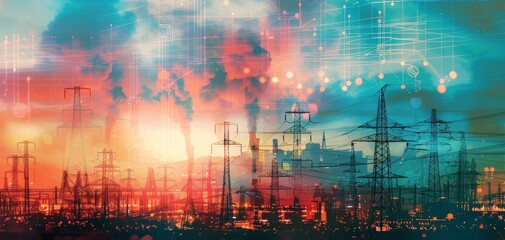 Fototapeta premium Energy sector in heavy industry close up, focus on, copy space, vibrant colors, Double exposure silhouette with power plants