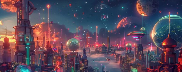 Craft a futuristic cityscape filled with holographic buildings and floating vehicles, glowing in neon colors against a starry sky backdrop