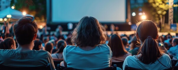 Viewer's perspective of an audience watching an outdoor cinema screen at dusk.