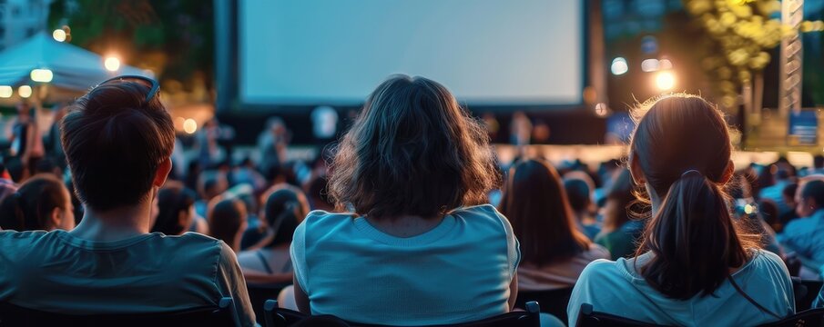 Viewer's perspective of an audience watching an outdoor cinema screen at dusk.
