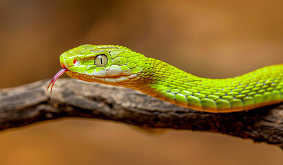 Fototapeta premium Close-up of a green snake slithering through the branches. Year of the snake.