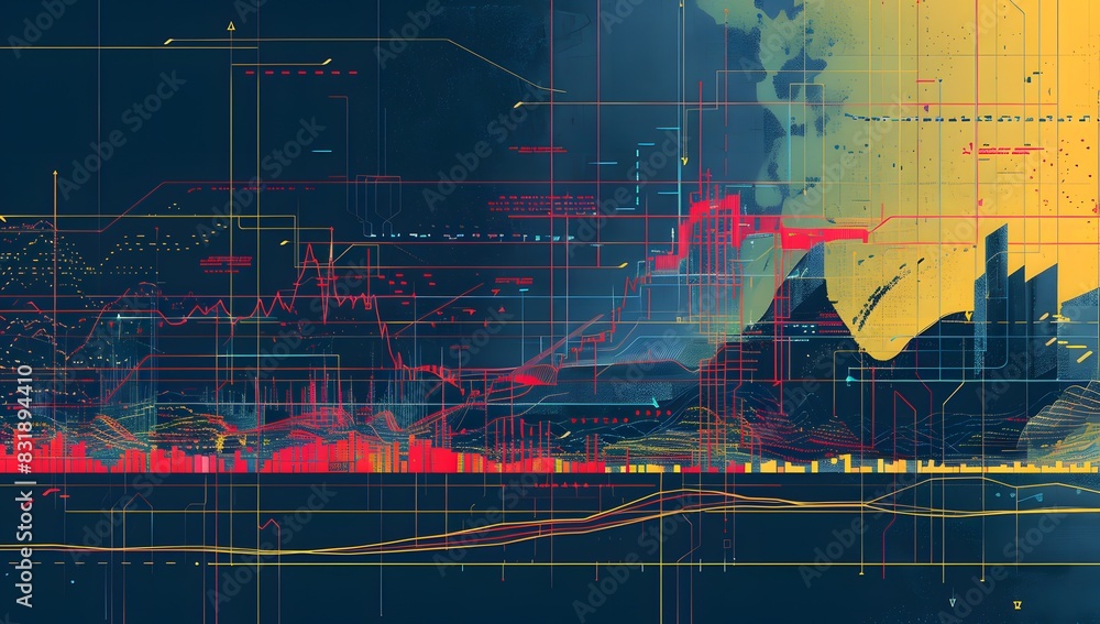 Poster a stock market chart with red and blue lines, glowing light effects on the background of an urban la