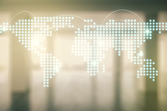 Abstract virtual world map with connections on empty corporate office background, international trading concept. Multiexposure