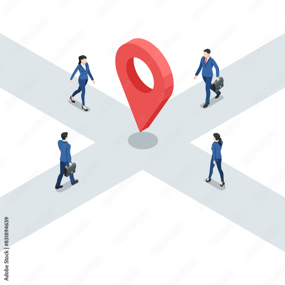 Poster isometric vector business people walking to the center of the intersection to the location icon, in 