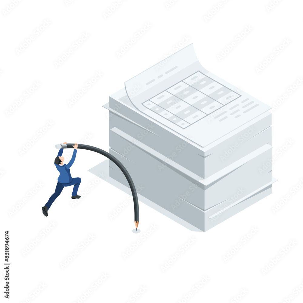 Aufkleber isometric vector business man makes a jump up with a pole in the form of a pencil on a stack of docu
