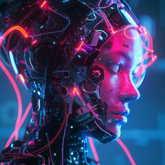 Bring to life a futuristic, neural interface device with glowing neon lights, intricate circuit patterns, and sleek, metallic textures