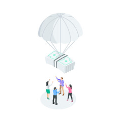 isometric vector people catching money falling from the sky, in color on a white background, money parachute or financial assistance