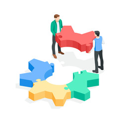 isometric vector people putting together puzzles in the form of a gear, in color on a white background, teamwork and common business goal