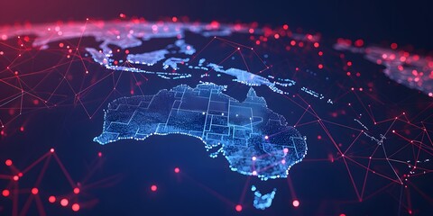 Fototapeta premium Digital map of Australia with glowing lights, representing global connectivity and data flow between cities across the country. Hightech network connections connecting large scales in dark background.