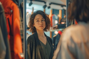 Fototapeta premium Confident woman trying a new outfit and getting ready to go out, she is looking at herself in a mirror