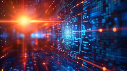 A futuristic space with a blue hologram screen in the center. The technology background