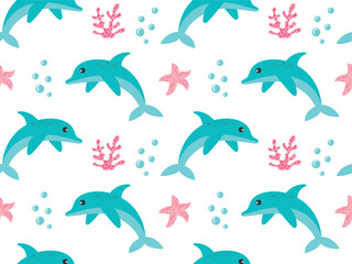 Simple seamless pattern with dolphins, starfish and coral. Vector illustration in cartoon style