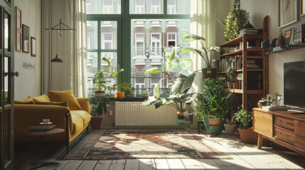 Cozy urban home interior filled with plants and warm sunlight pouring through windows.