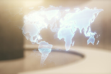 Abstract creative world map interface on empty corporate office background, international trading concept. Multiexposure