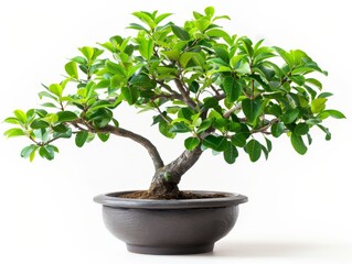 Beautiful bonsai tree with lush green leaves in a stylish ceramic pot, isolated on a white background perfect for indoor decor and gardening enthusiasts.