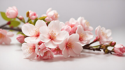 pink and white flowers with green leaves on a white or light gray surface.