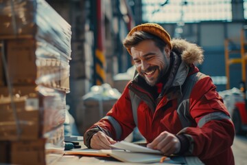 Smiling warehouse manager at work, he is writing a document and checking orders: logistics and delivery service concept 