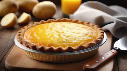 Cheesy potato pie with a golden, crispy top, served on a wooden table. The pie's rich and creamy filling is highlighted by the perfectly baked crust