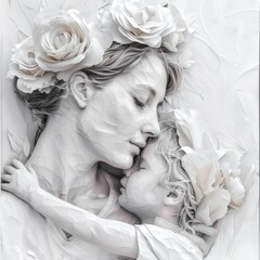 Mother and child in white floral headbands embracing with closed eyes and peaceful expression