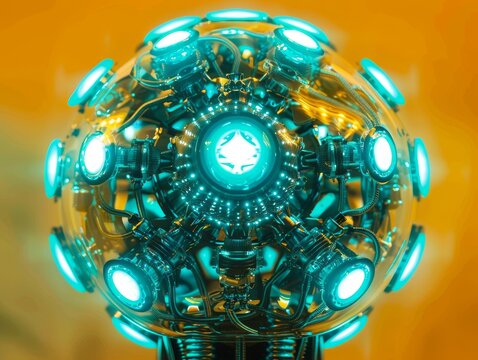 An intricate, futuristic mind-reading device, glowing with turquoise lights and metallic sheen