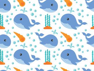 Seamless pattern of cute cartoon whale, shells, seaweed. Vector illustration for print, textile