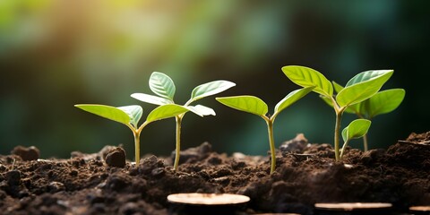 Image of sustainable business growth with coins seedlings arrows carbon credit. Concept Topics, Sustainable Business Growth, Coins, Seedlings, Arrows, Carbon Credits