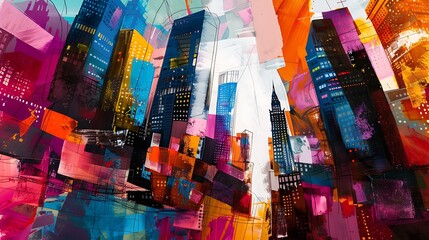 A vibrant cityscape abstract, where bold colors and shapes mimic the energy of urban life