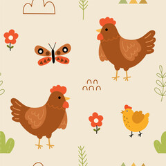 Seamless pattern with Cute hen, chicks, flowers and plants for your fabric, children textile, apparel, nursery decoration, gift wrap paper. Vector illustration