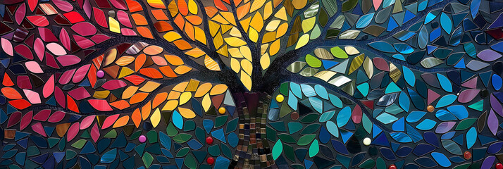 colorful mosaic showing a Tree of Life. Made with shiny gold and blue-green tiles. Great for home decoration or spiritual designs abstract tree background