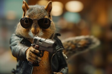 Squirrel is a gangster in a black jacket with a gun