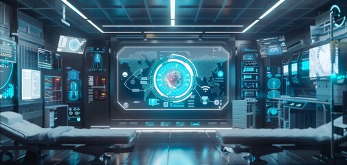 A CG 3D render of a futuristic clinic with advanced monitoring technology, seamlessly tracking a patients vital signs, illustrating the innovation in chronic disease management