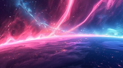 Obraz premium A virtual aurora, its pink and blue ribbons dancing across the binary poles, encoding cosmic messages